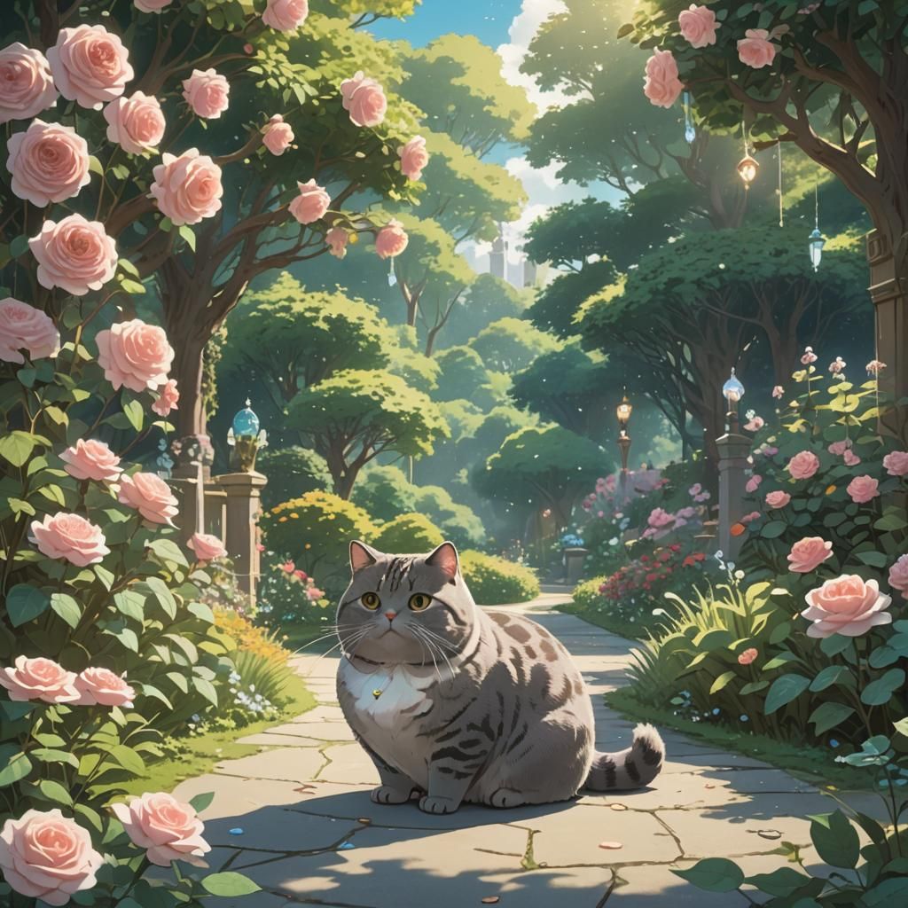 Pusheen Cat in Ghibli-esque Garden