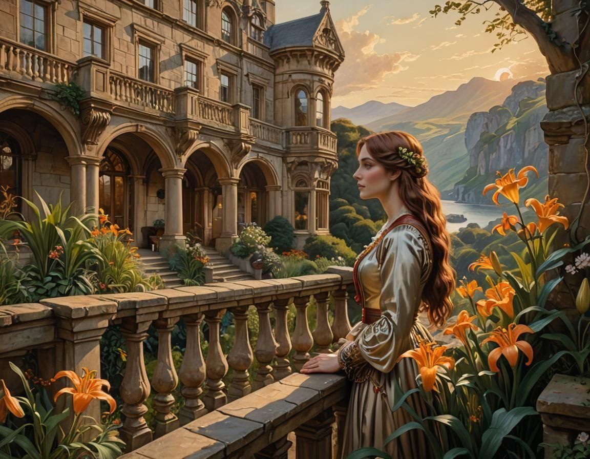 Victorian Manor with Tiger Lilies and Stone Path