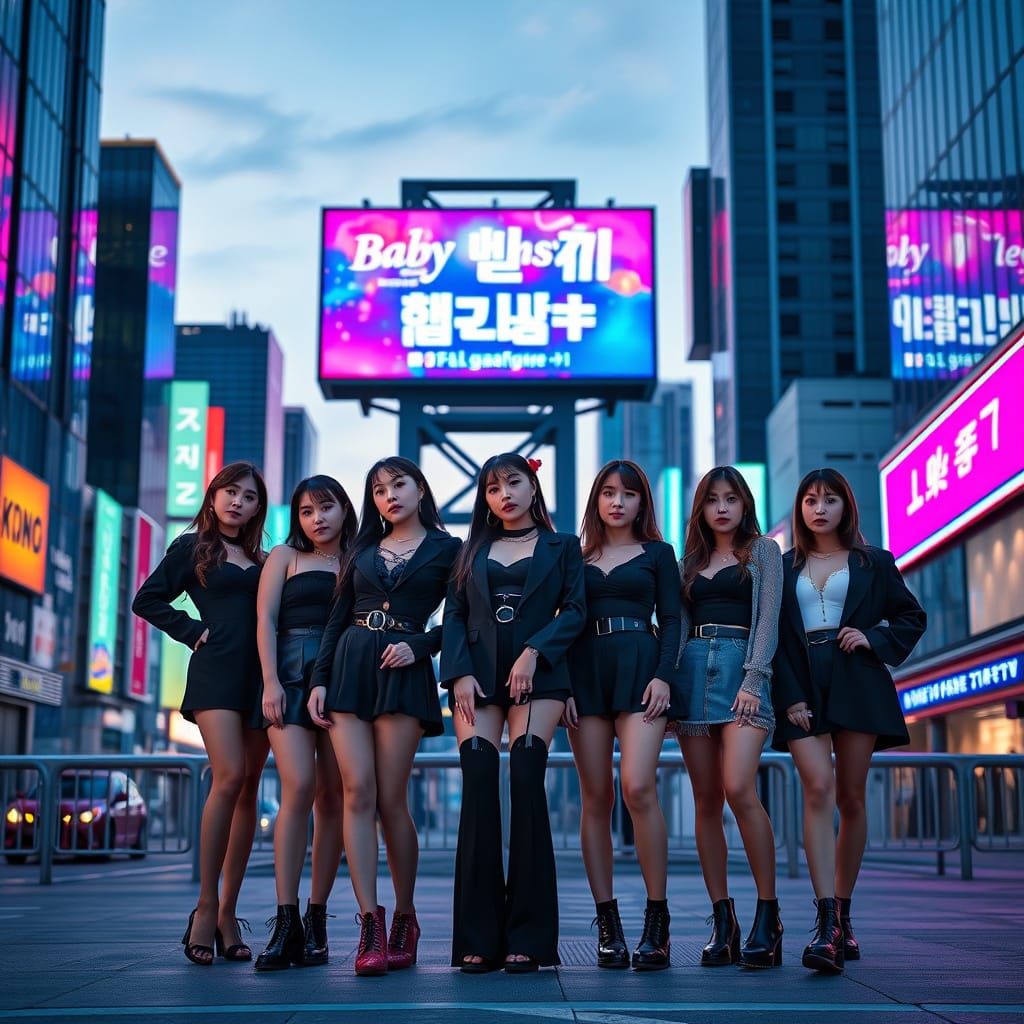 K-Pop Girl Group Babymonster in Neon Cityscape