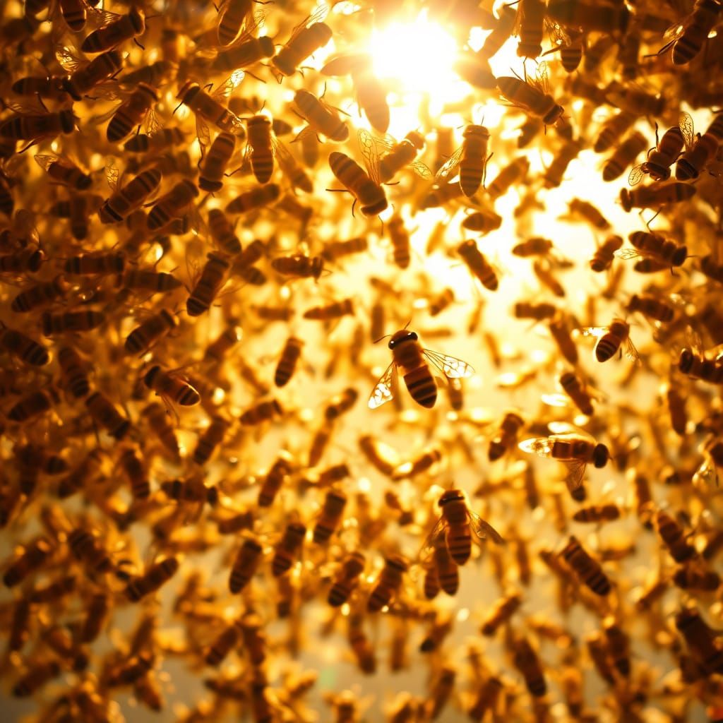Thrilling Microscopic Vortex of Golden Bees in Flight