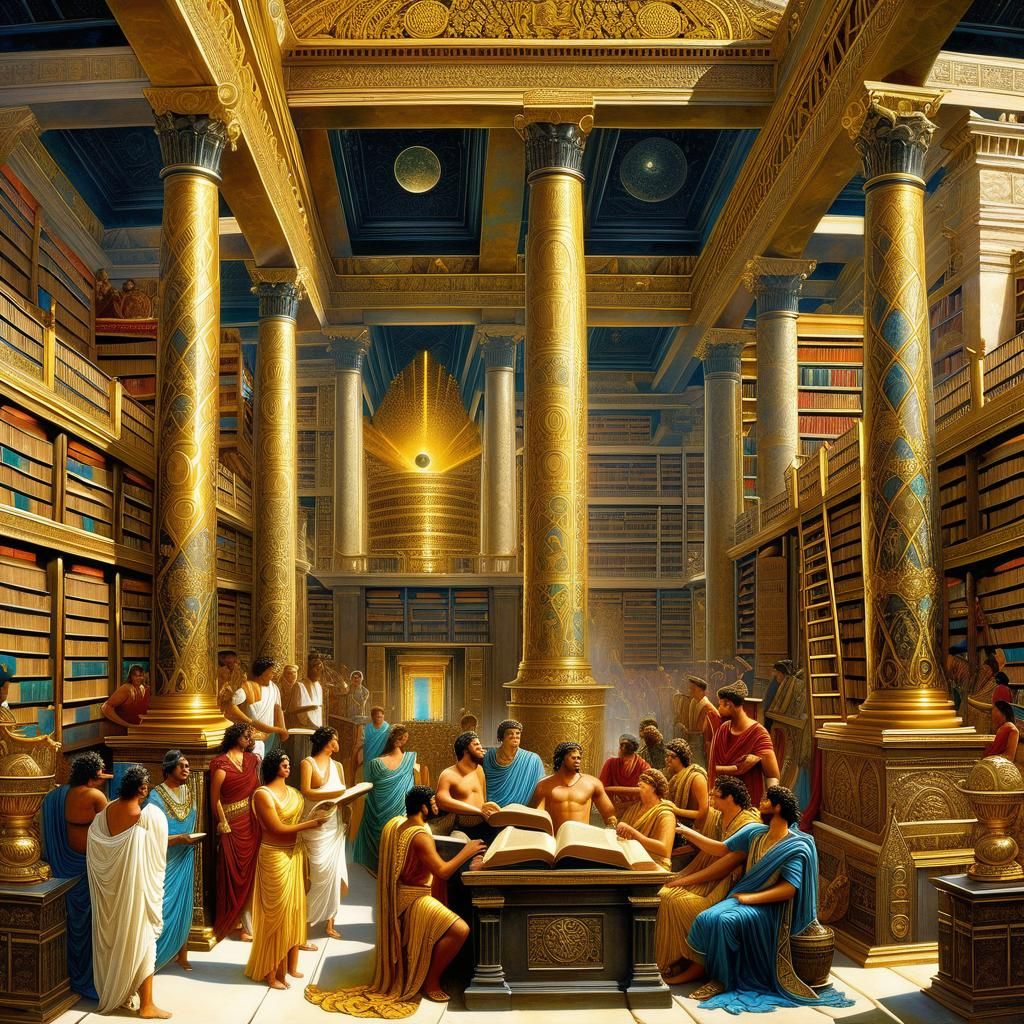 The Library of Alexandria in Ancient Black and Gold Illustra...