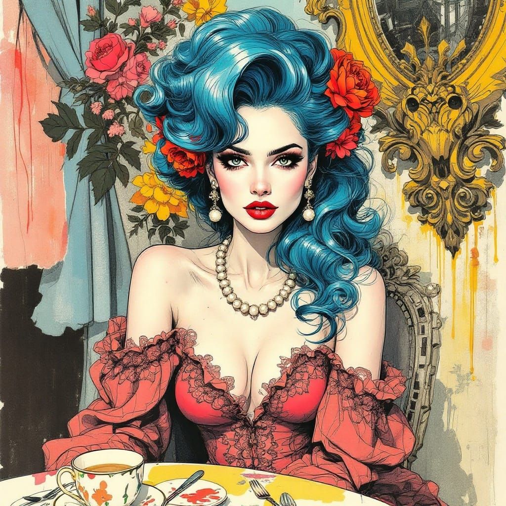 Expressive Ink Portrait of a Mysterious Woman in Coral Gown