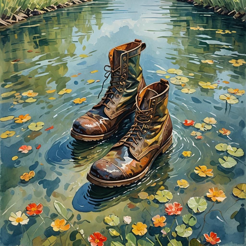 Boot in Whitewater: Gouache Impressionist Painting