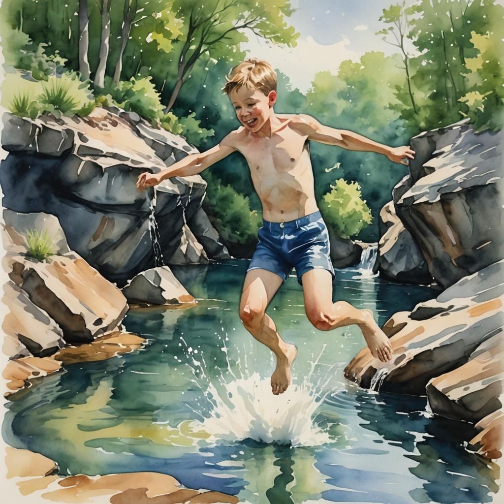 Boy Jumping into Swimming Hole: Watercolor Art