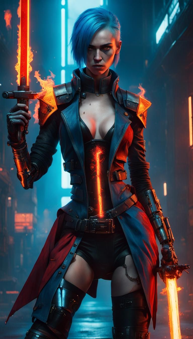 Cyberpunk Warrior with Flaming Sword