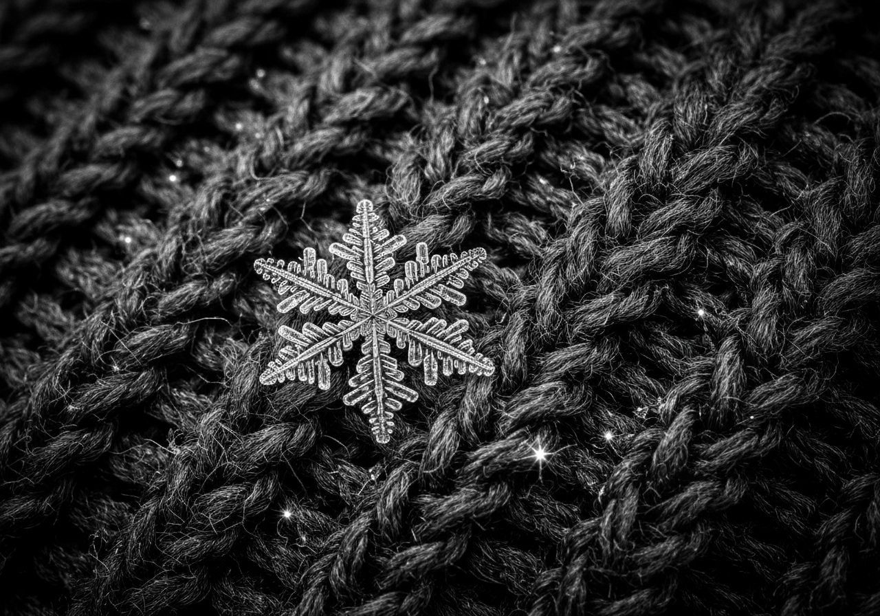 Detailed Snowflake on Knit Fabric Macro Photo