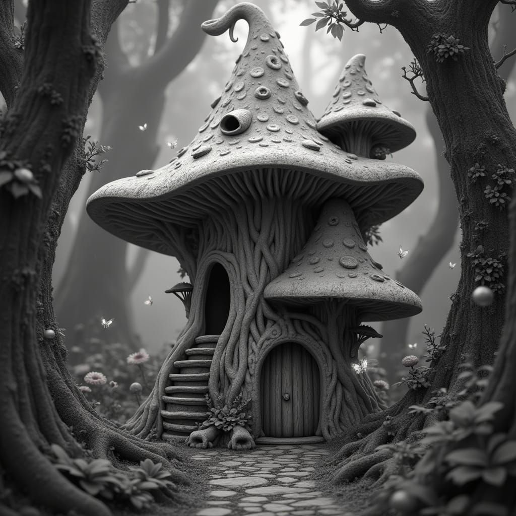 Enchanted Forest Fairy Mushroom House in Black and White