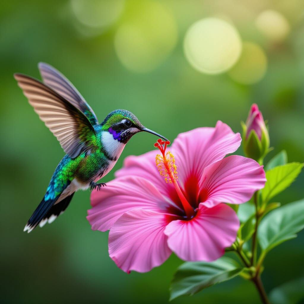 Hummingbird Sipping Nectar: Hyperrealistic Close-Up