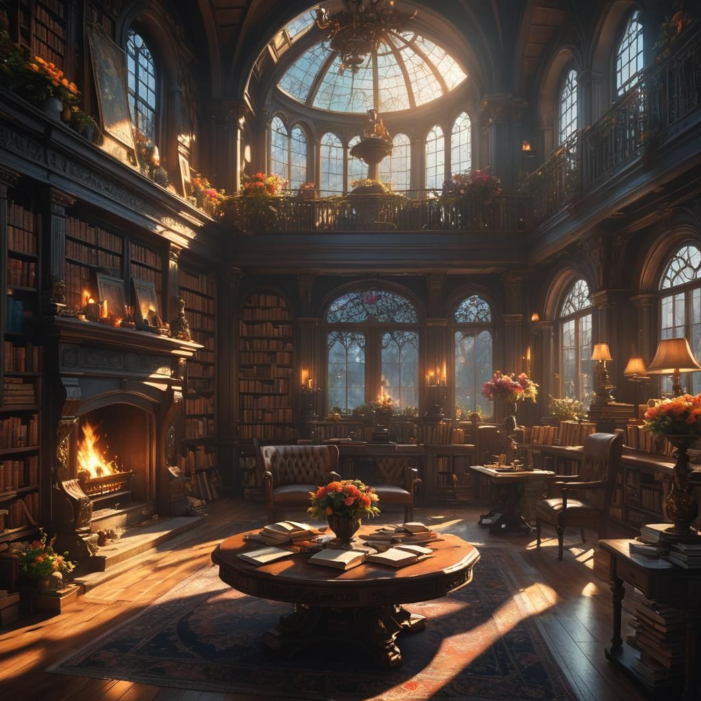 Enchanted Library with Fireplace in Dark Fantasy Style