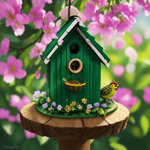Intricate Birdhouse in Lush Garden: Photorealistic Image