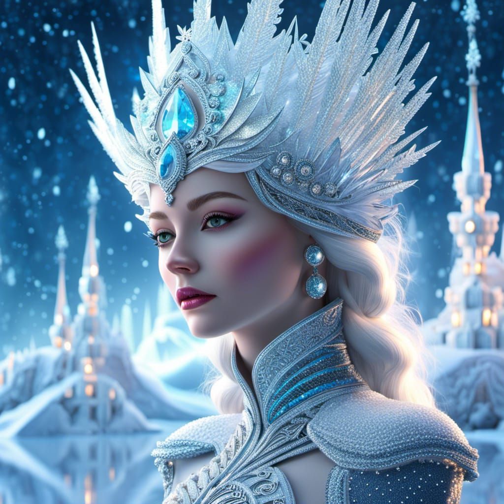 Snow Queen Portrait with Winter Landscape Reflection
