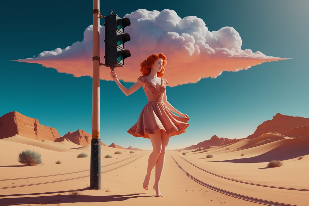 Woman in Desert with Traffic Light, Saint Phalle Style