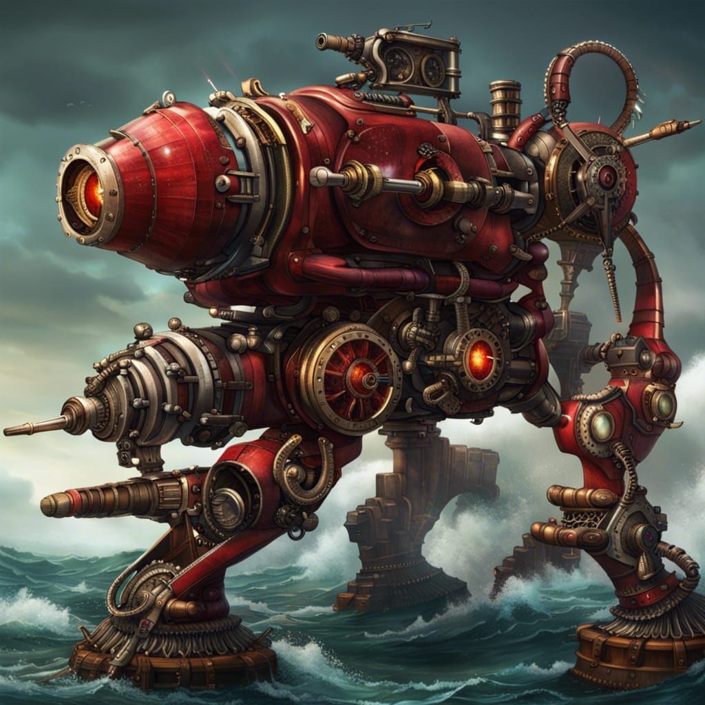 Steampunk Mech vs Sea Serpent with Laser Cannon