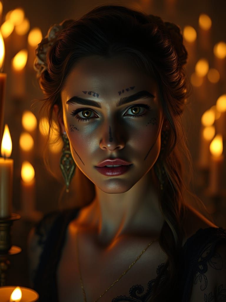 Day of the Dead Woman with Glowing Eyes and Candlelight