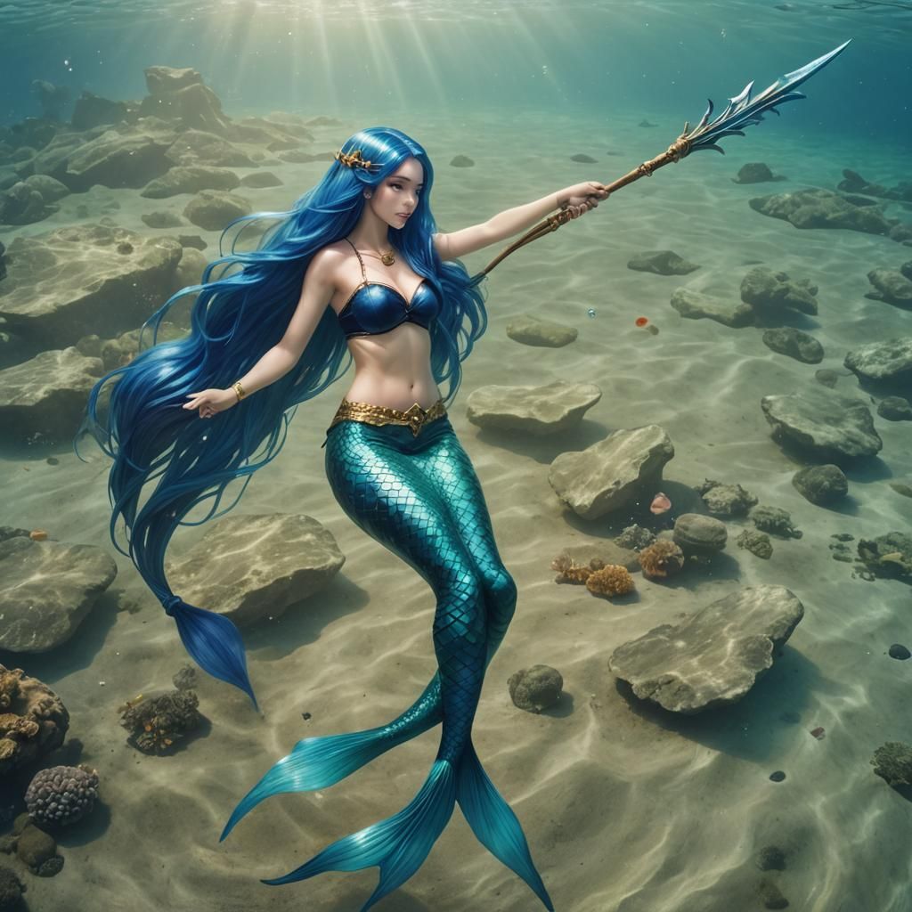 Blue-Haired Mermaid with Trident Underwater