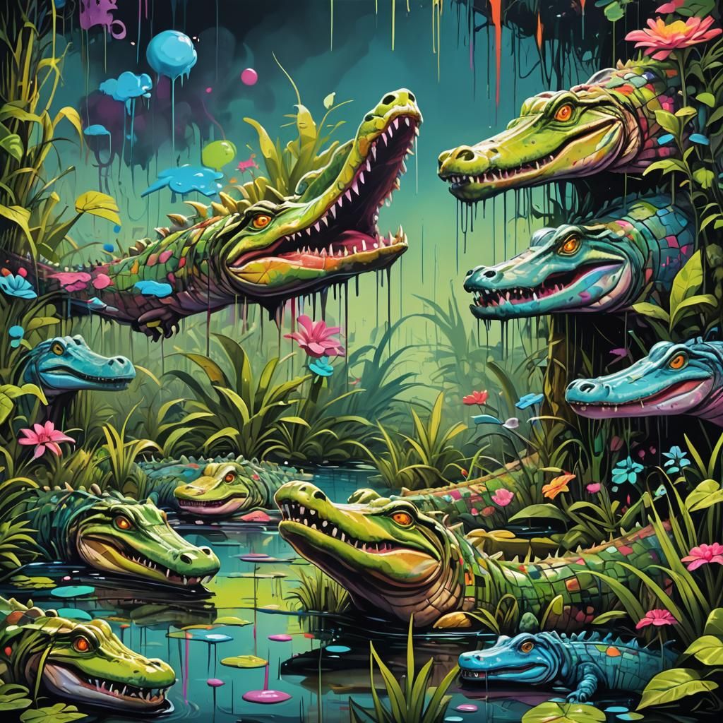 Alligators in Lagoon: Graffiti Splash Art