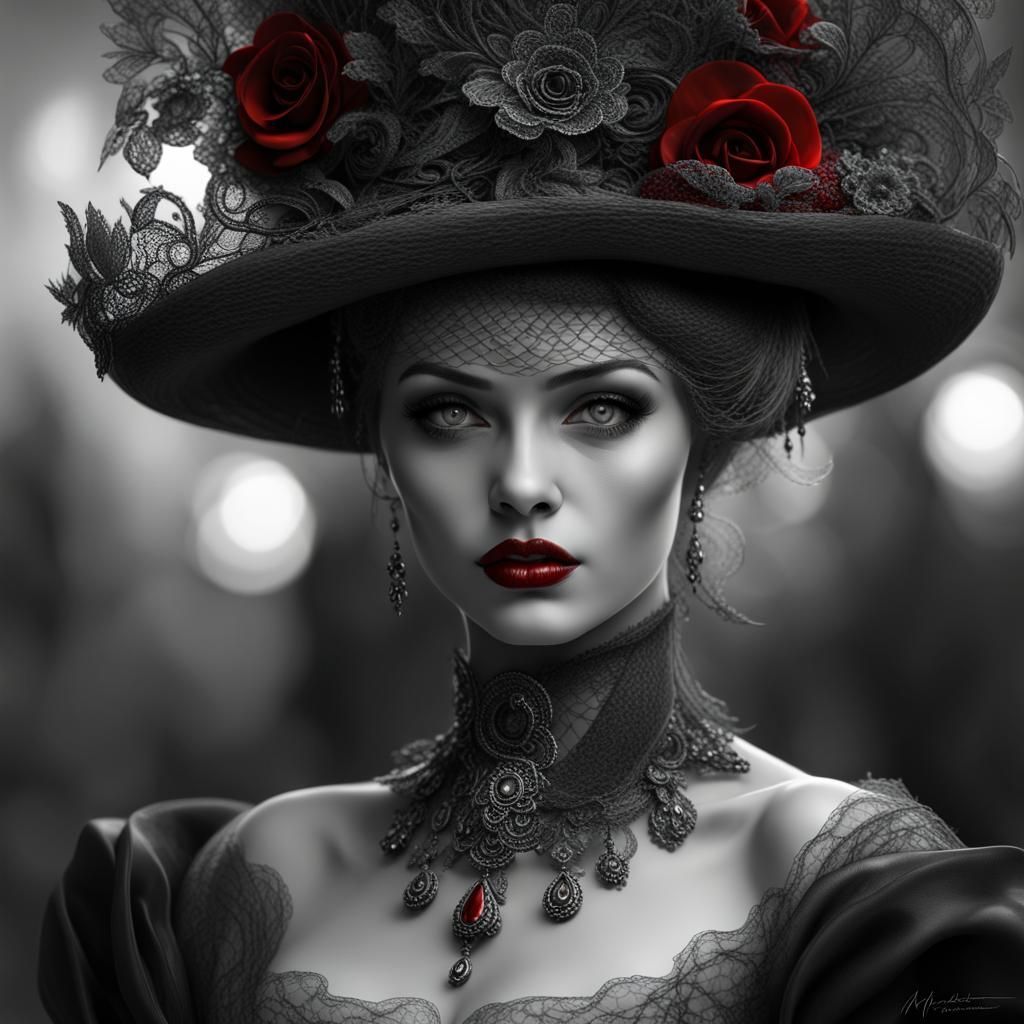 Monochrome Lady with Red Lips in Cinematic Style