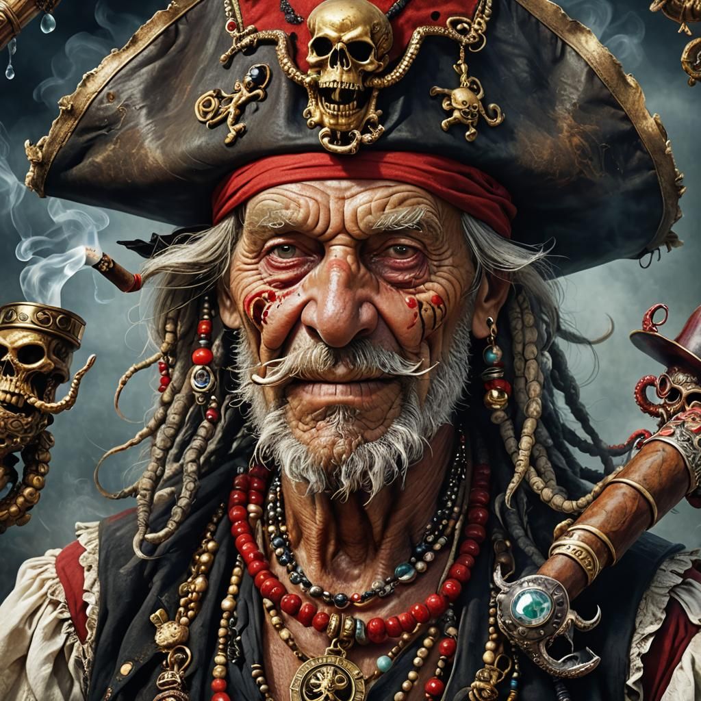 Detailed Pirate Portrait with Octopus Hat, Matte Painting