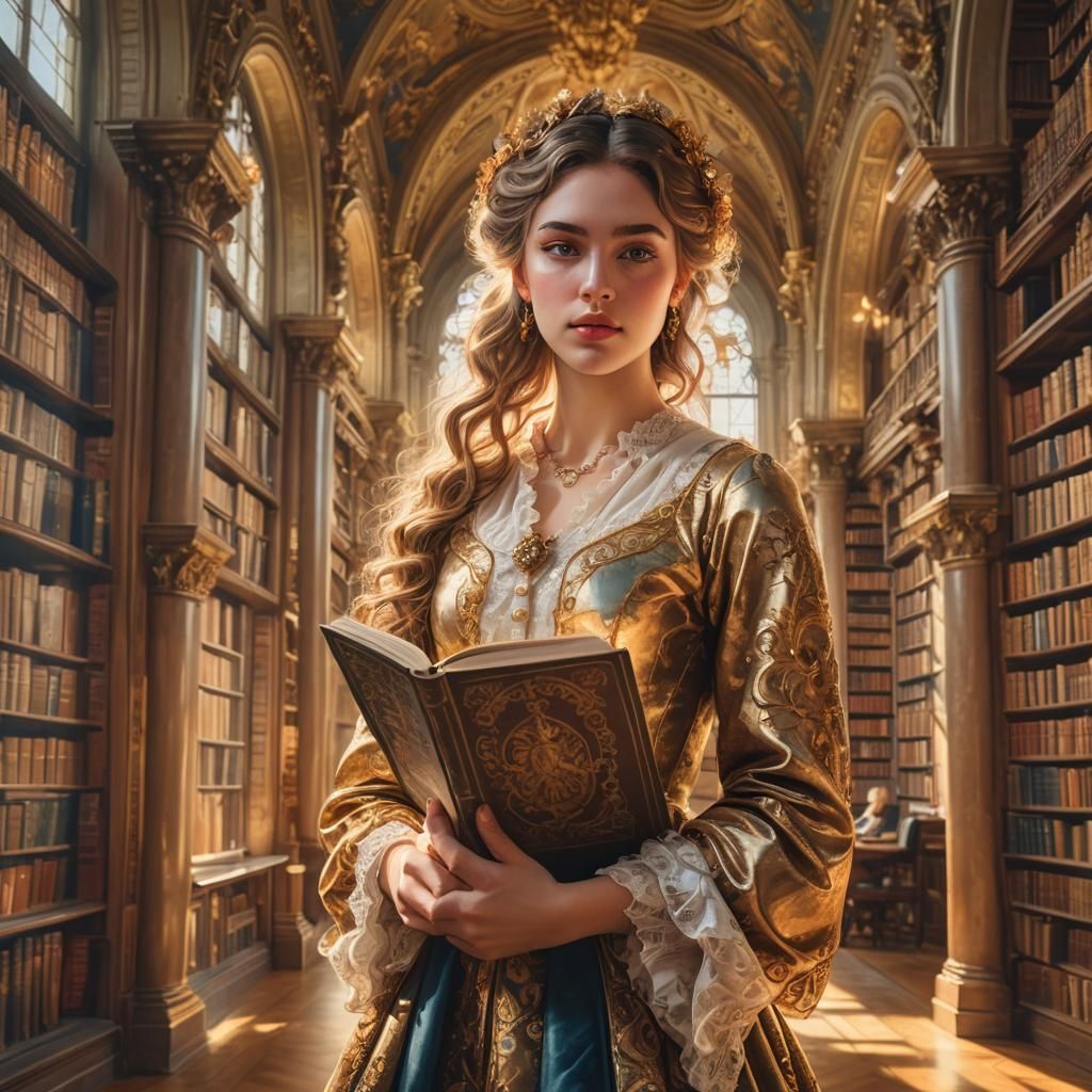 Baroque Woman in Library, Digital Art Portrait