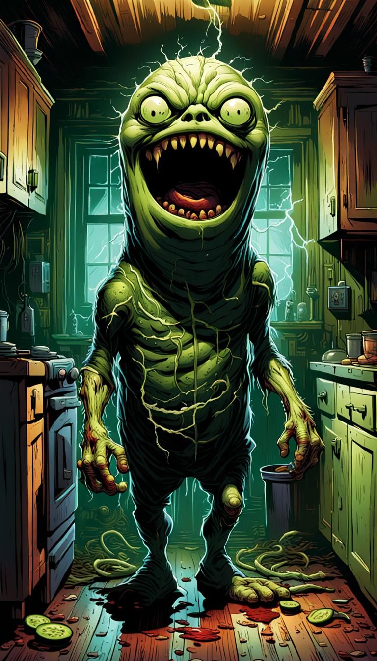 Cucumber Monster in Kitchen: Comic Book Horror Art