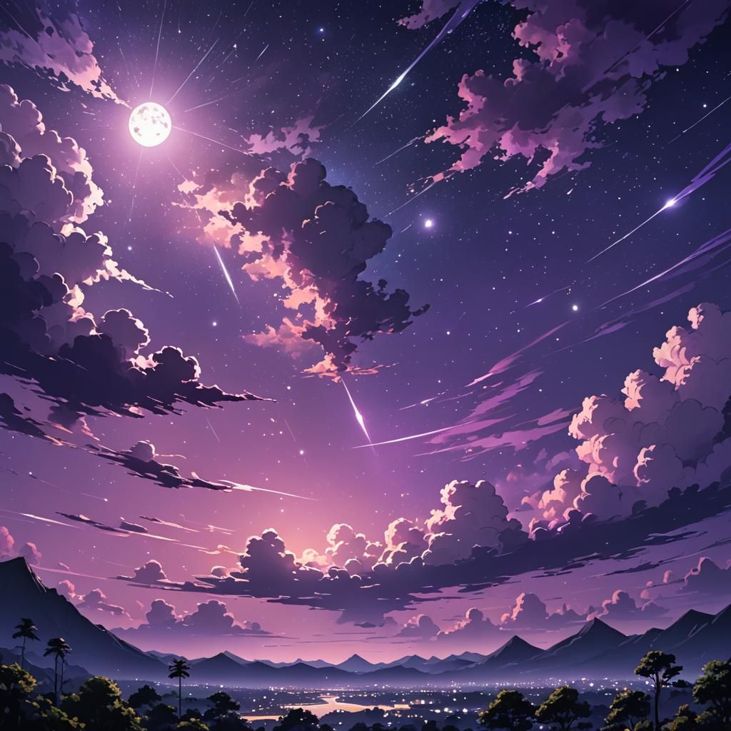 Anime Style Purple Night Sky Digital Art