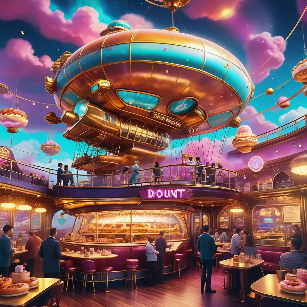 Fantasy Donut Shop Airship in Retro-Futuristic Style
