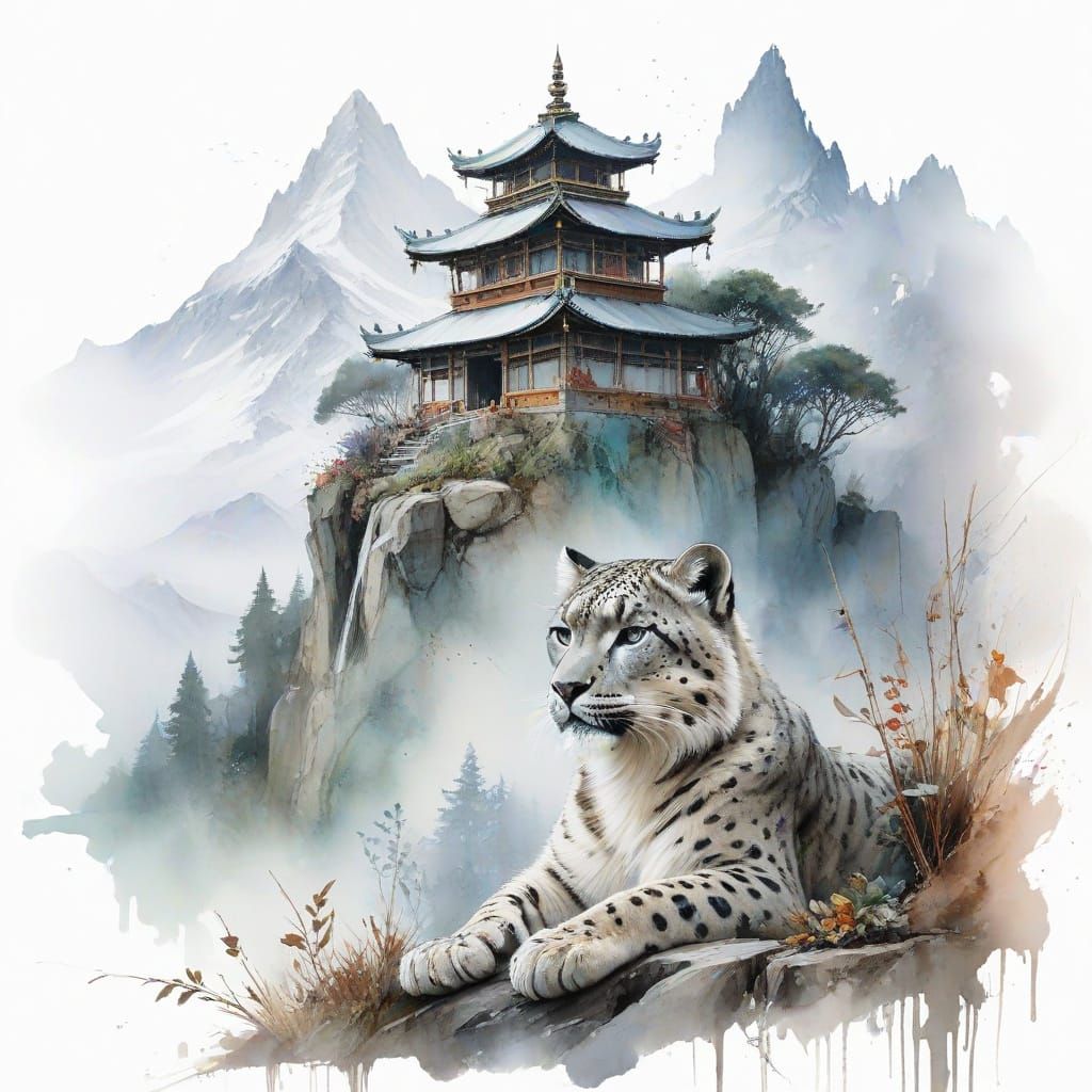 Snowy Himalayan Temple Sanctuary in Whimsical Watercolor Sty...