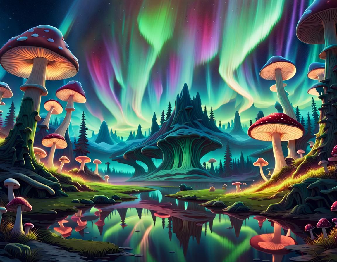 Enchanted Mushroom Forest Under Aurora Lights