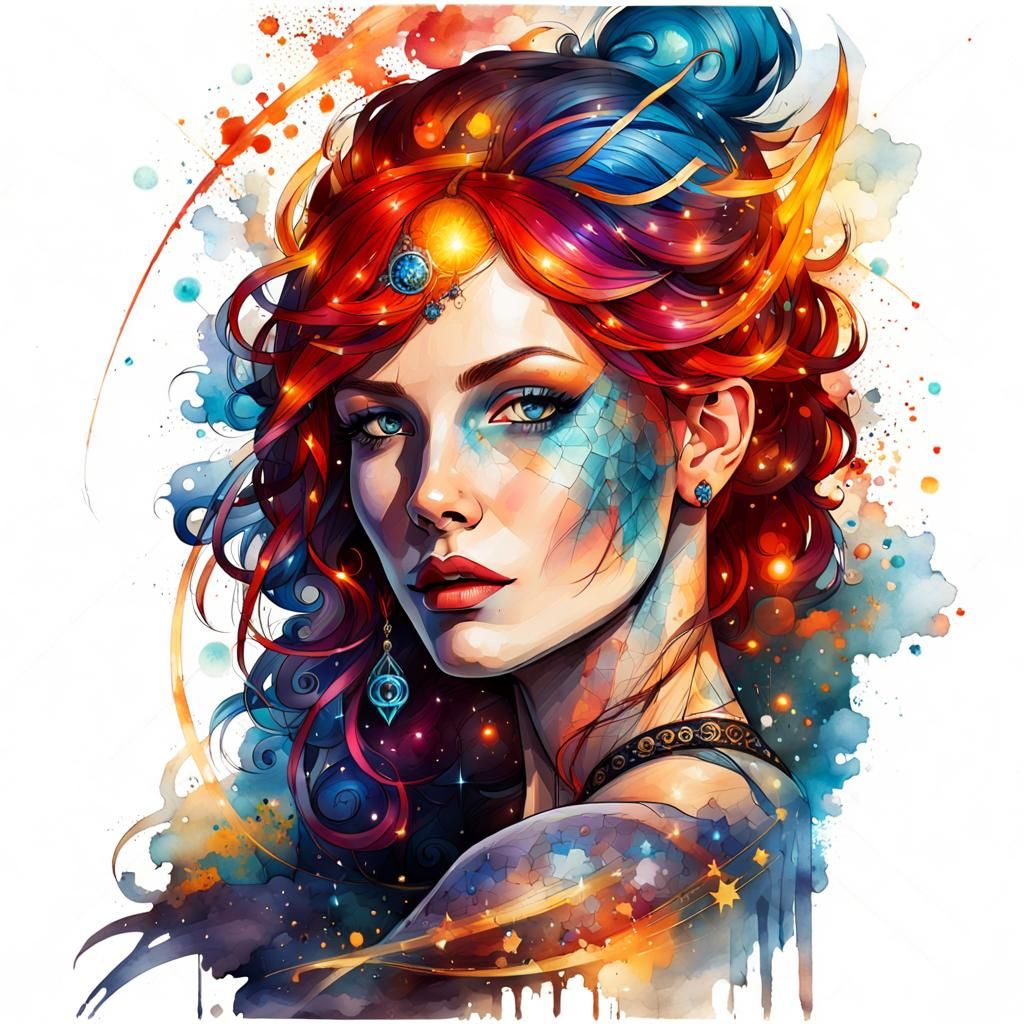 Blue-Haired Sorceress with Dream Catcher in Watercolor