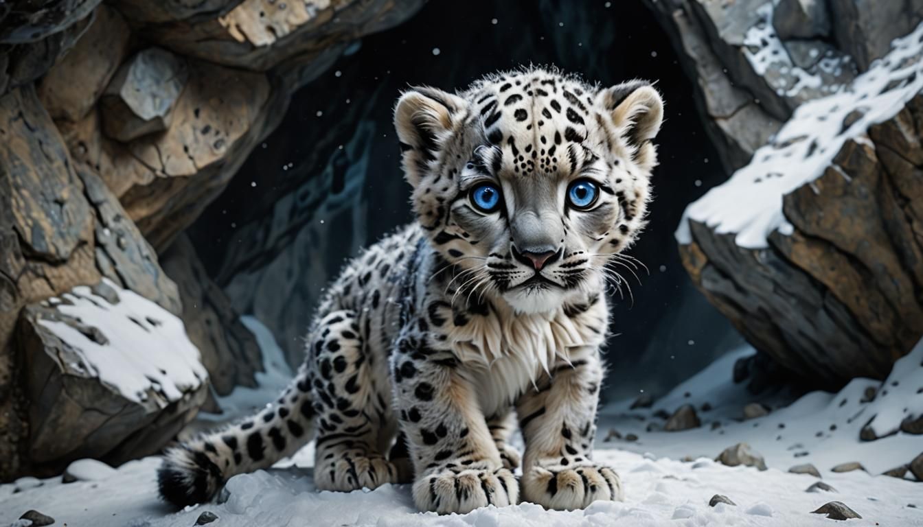 Robotic-Eyed Snow Leopard in Crystal Cave