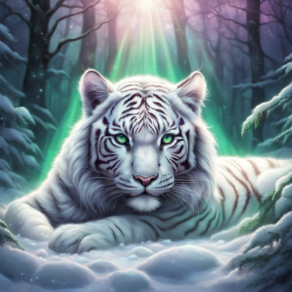 Sleeping White Tiger Cub Under Northern Lights