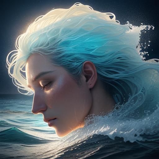 Ocean Wave Woman Portrait in Surreal Watercolor