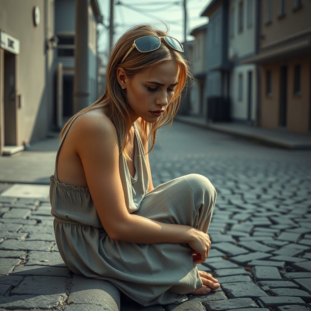 Young Woman Crying Amidst Vibrant and Gray Contrast