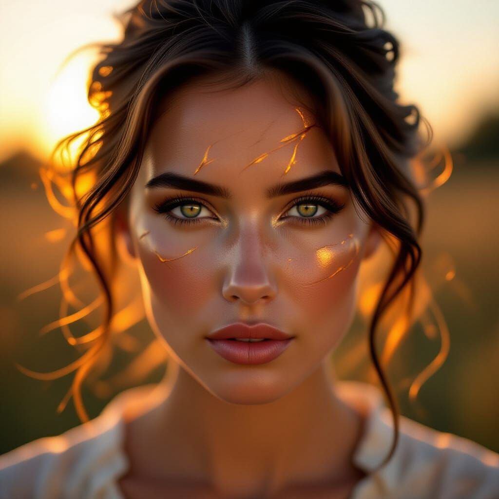 Woman's Face with Shimmering Scars in Golden Hour Light