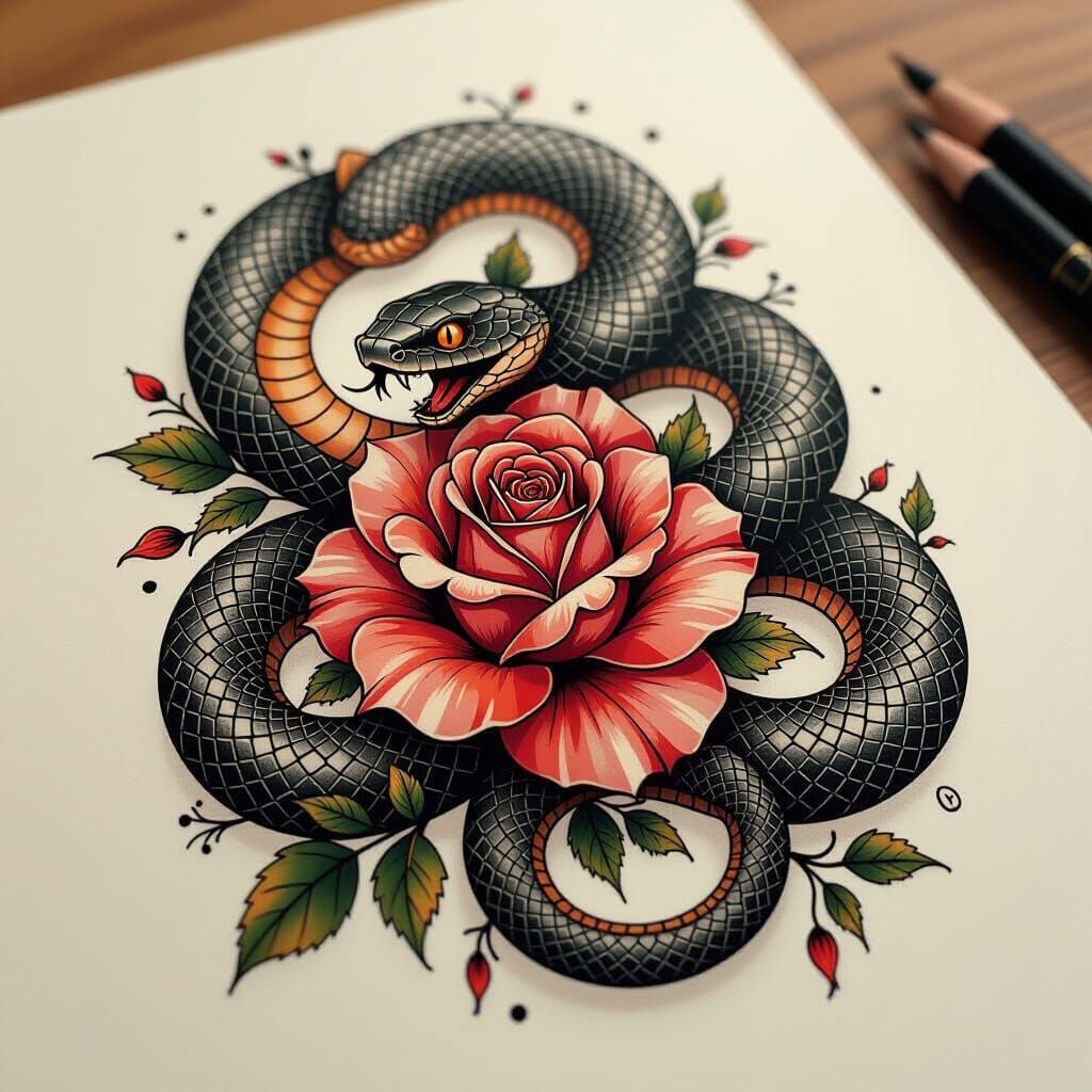 Snake and Rose Tattoo Design in 3D Style