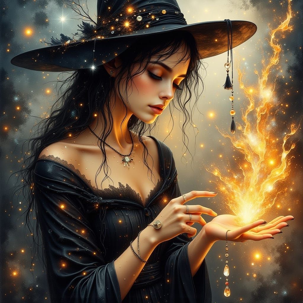 Enchanting Witch Crafts Celestial Jewelry in Watercolor Styl...