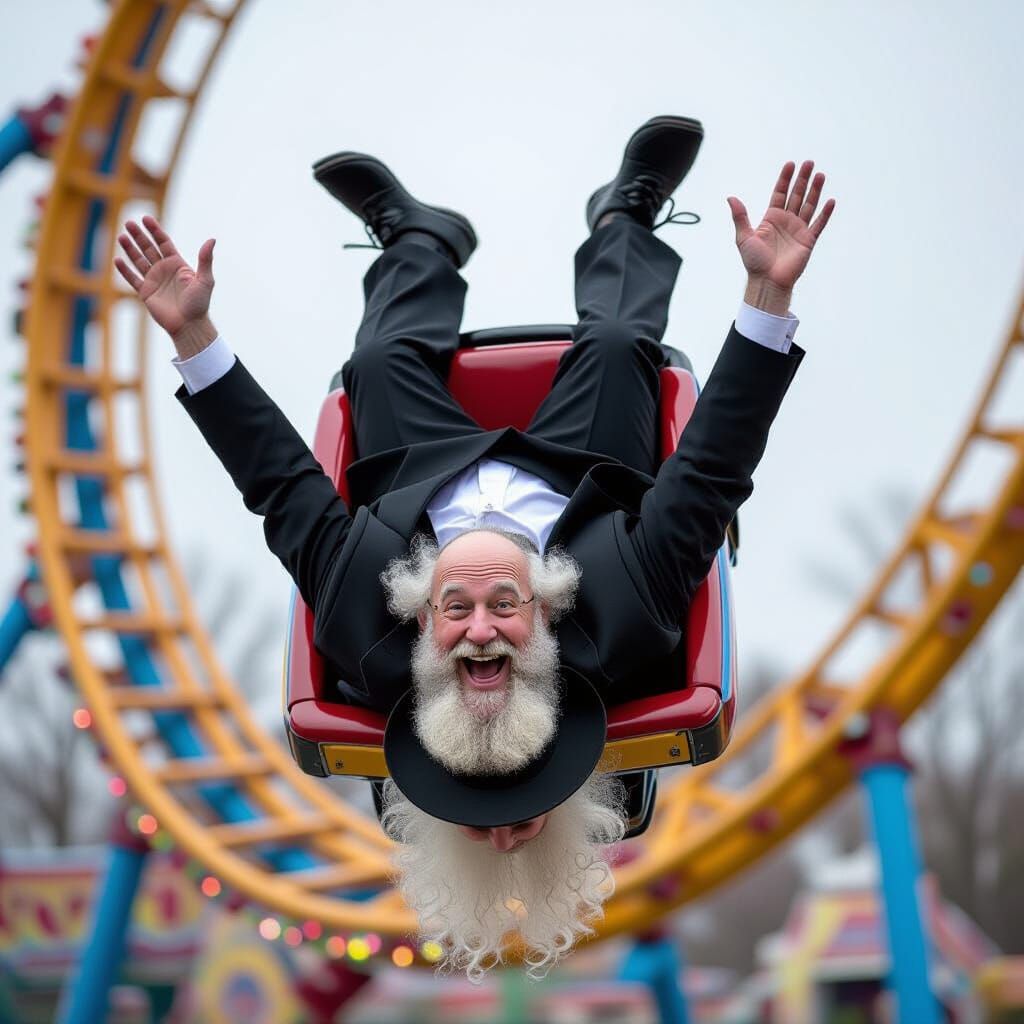 Joyful Hasidic Man Rides Upside-Down Roller Coaster
