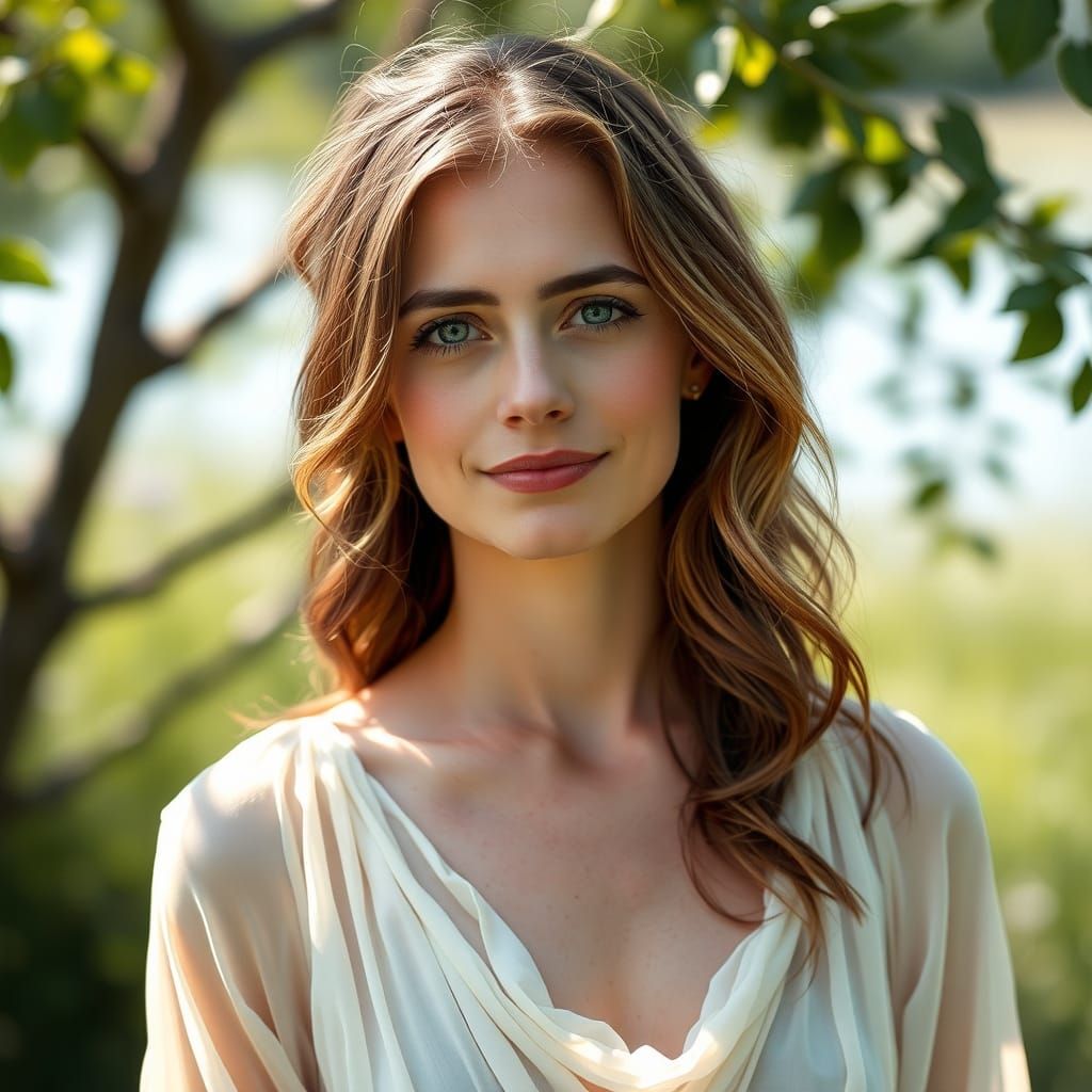 Serene Woman with Chestnut Hair and Gray-Blue Eyes