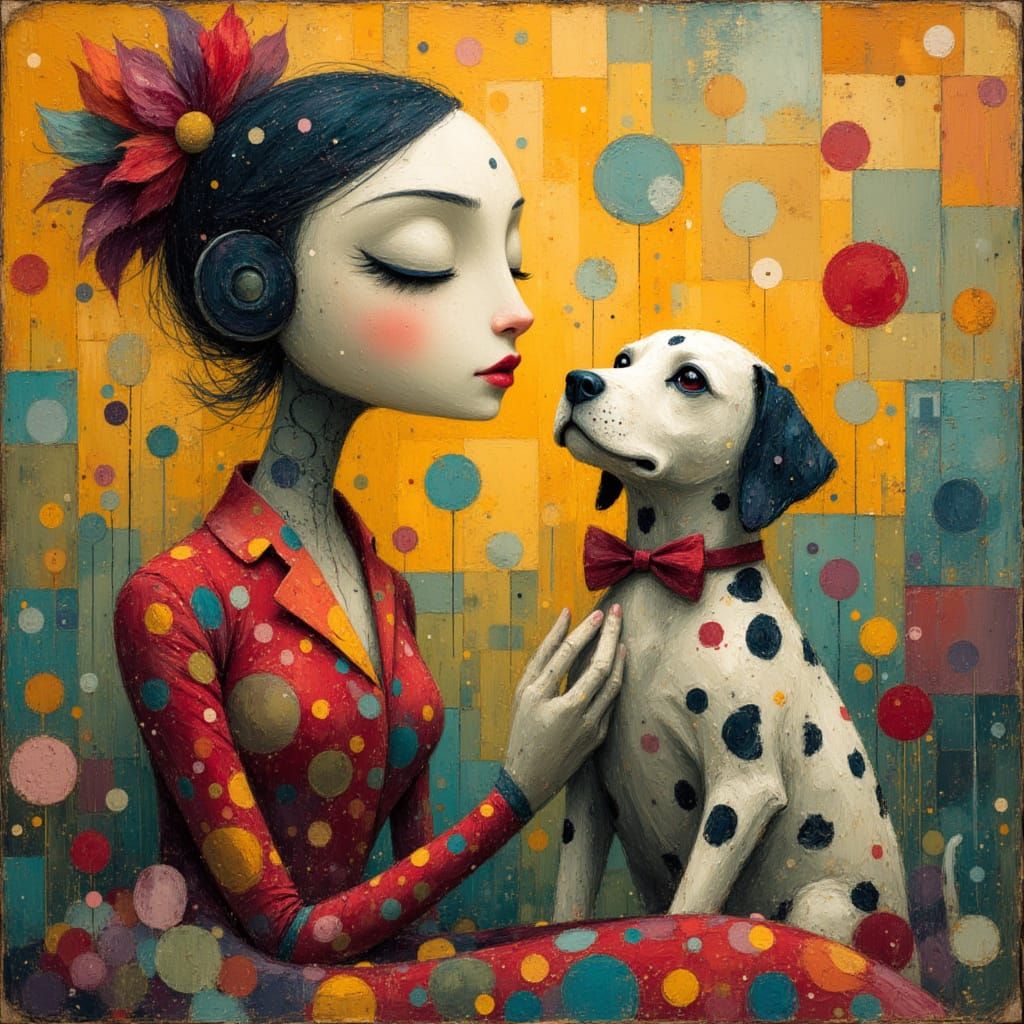 Female Android with Dalmatian in Surreal Polka Dot Landscape