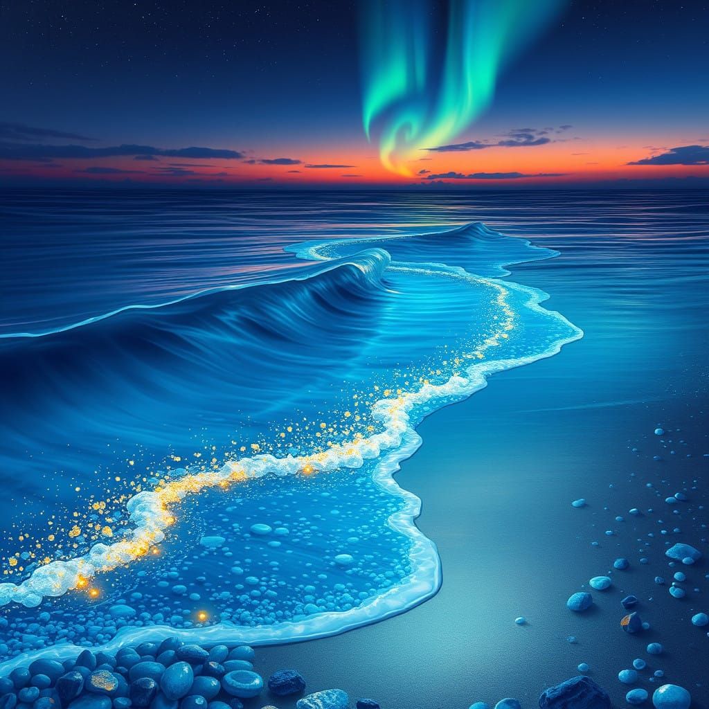 Surreal Seaside Scene with Glittering Light and Radiant Pebb...