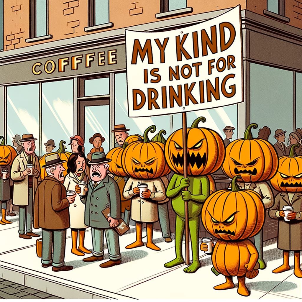 Pumpkins Protest Pumpkin Spice Lattes in Cartoon Style