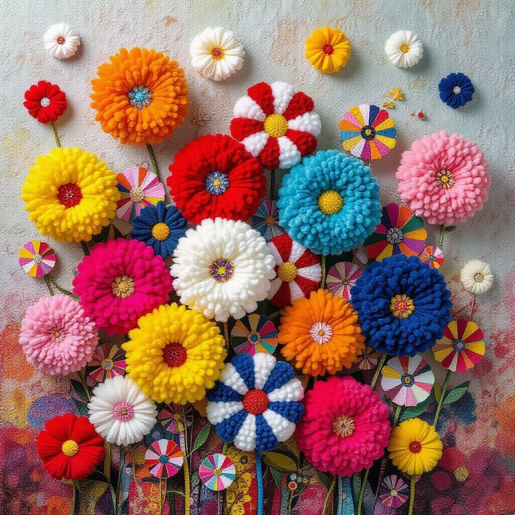 Vibrant Pom Poms in a Playful Mixed Media Scene
