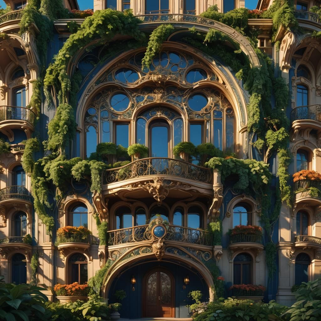 Art Nouveau Casa Facade with Bioluminescent Vines