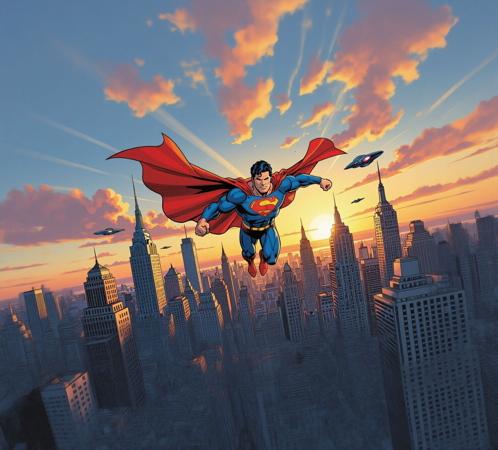 Superman soars through the air above a bustling Metropolis, ...
