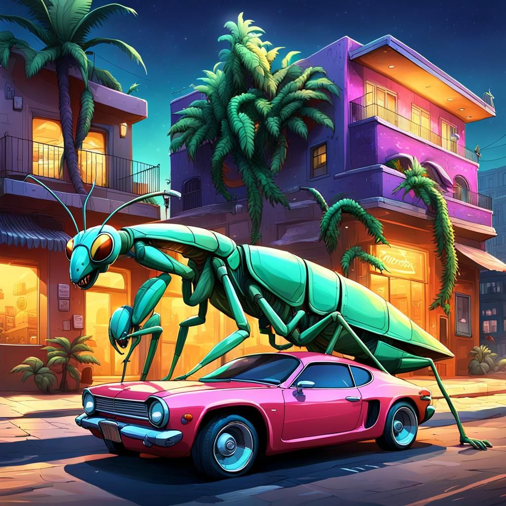 Human Mantis and Colorful Car in Neo-Noir Cityscape