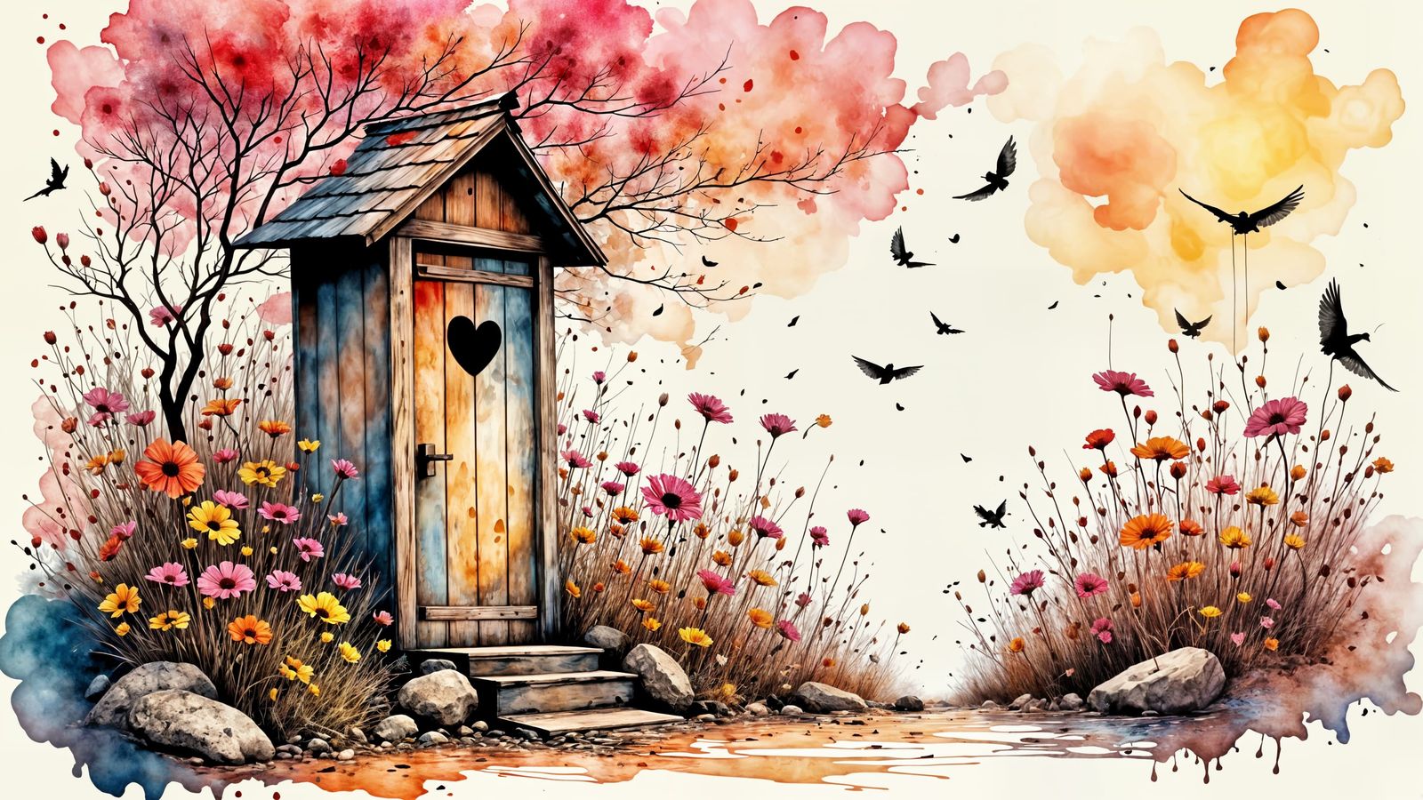 Whimsical Outhouse in a Vibrant Flower Garden