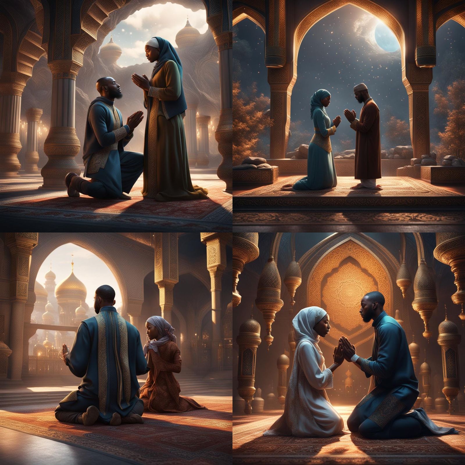 Muslim Couple Praying: Detailed Matte Painting