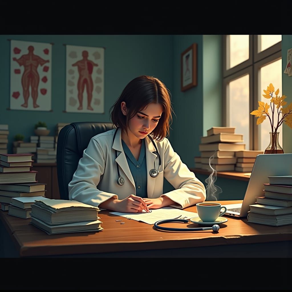 Exhausted Medical Student Surrounded by Textbooks