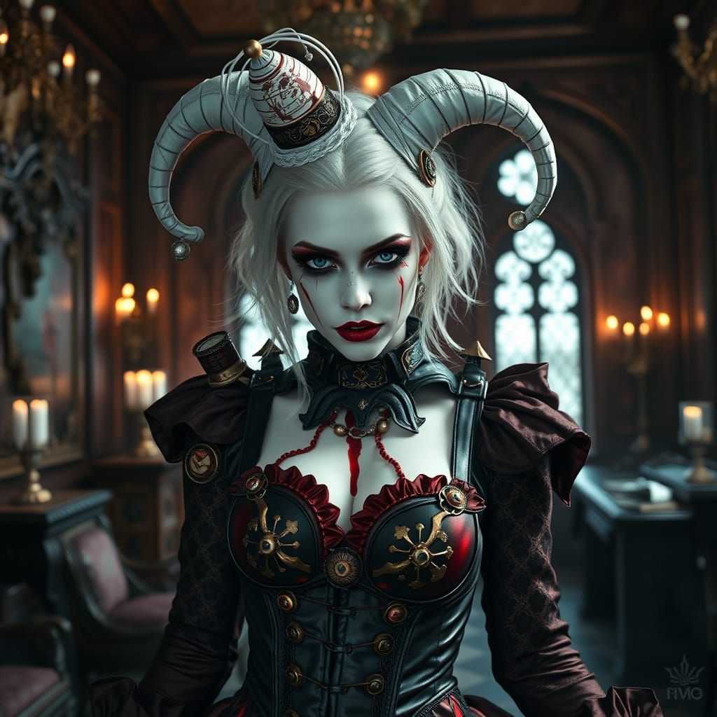 Steampunk Jester Lilith in Gothic Chamber
