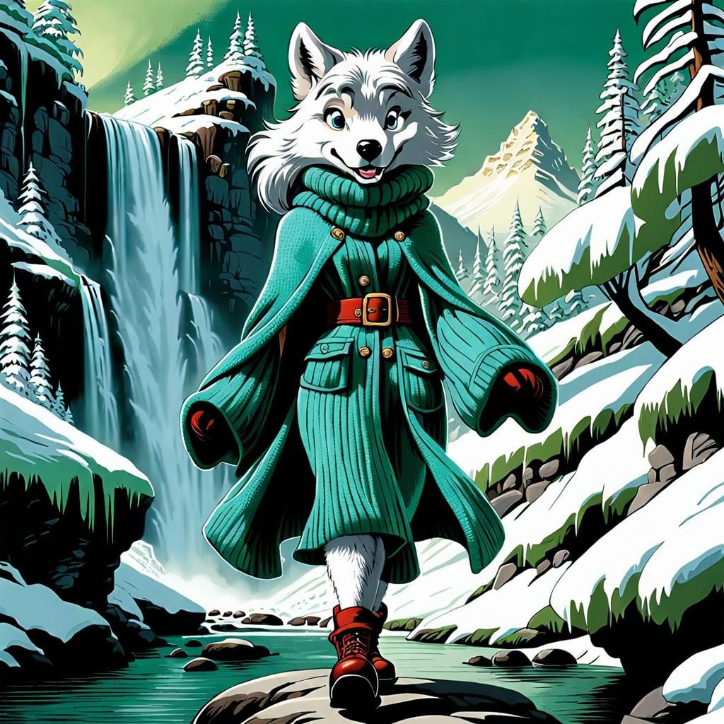 Winsome Wolf-Girl by Waterfall: Cartoon Art